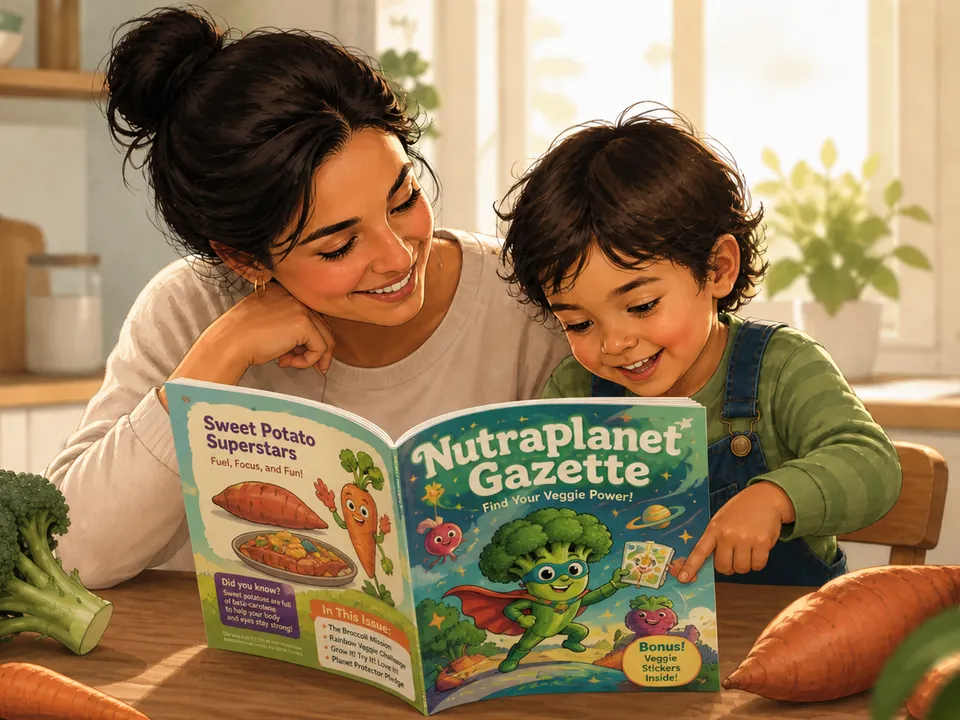 A parent and child reading a NutraPlanet Gazette together at the kitchen table